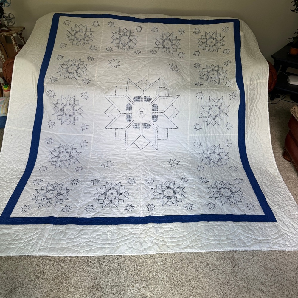 Vintage Hand Stitched Star Quilt Blue White Cross Stitch Embroidery‎ Navy Border